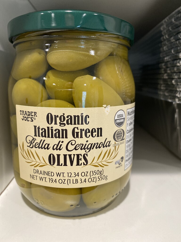 Trader Joe’s Organic Italian green olives Pesach Ohel Torah